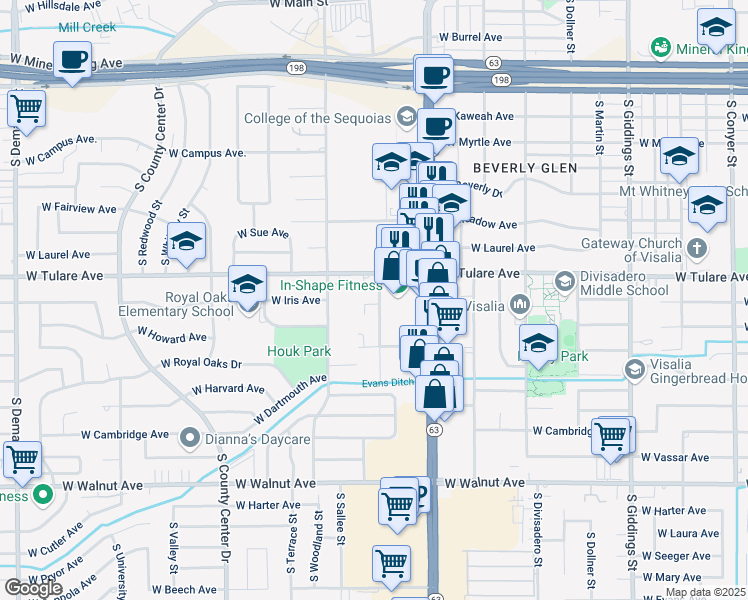 map of restaurants, bars, coffee shops, grocery stores, and more near 1239 South Crowe Street in Visalia