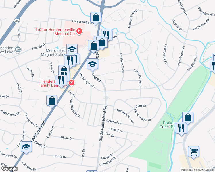 map of restaurants, bars, coffee shops, grocery stores, and more near 320 Old Shackle Island Road in Hendersonville