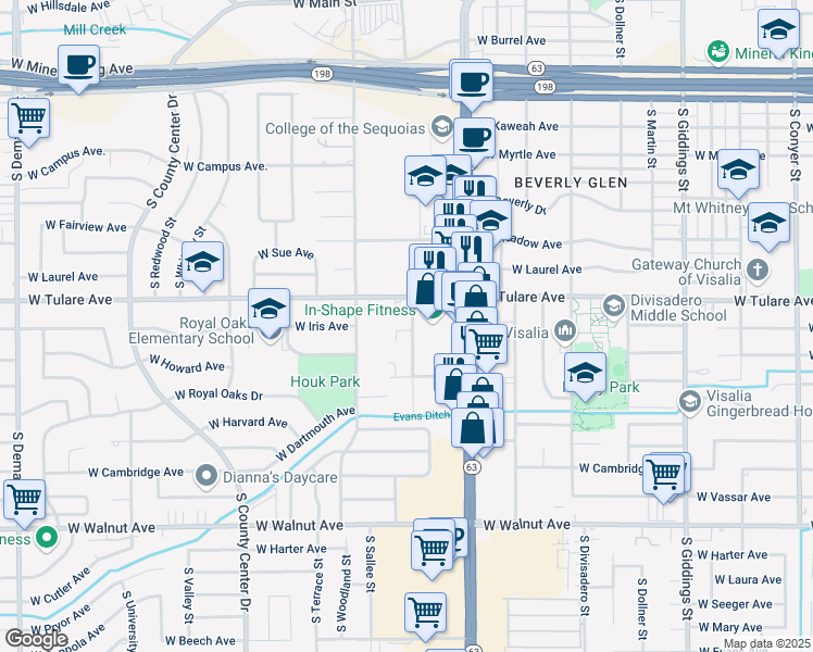 map of restaurants, bars, coffee shops, grocery stores, and more near 1311 South Crowe Street in Visalia