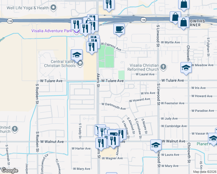 map of restaurants, bars, coffee shops, grocery stores, and more near 1226 South Parkwood Street in Visalia