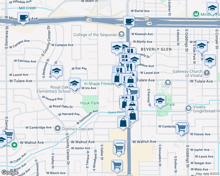 map of restaurants, bars, coffee shops, grocery stores, and more near 1317 South Crowe Street in Visalia