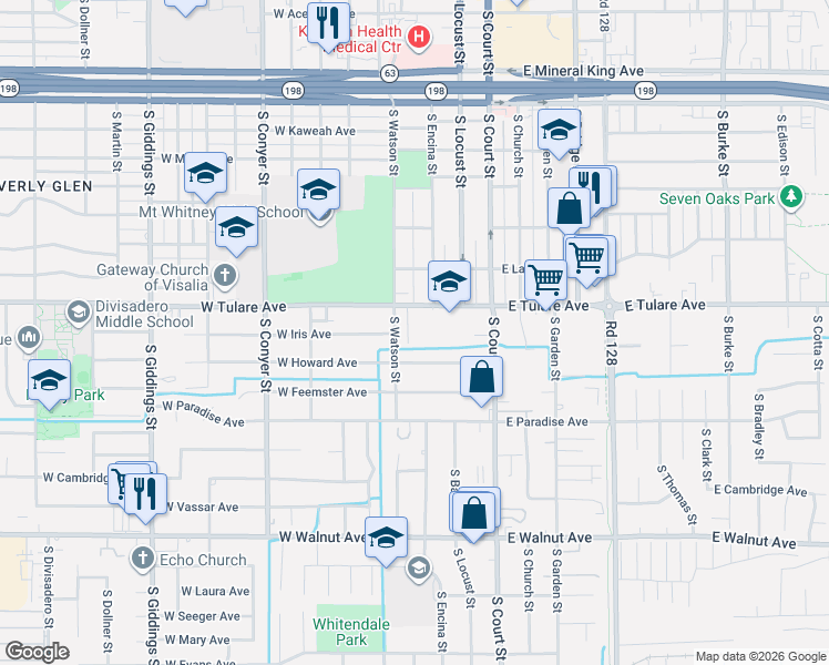map of restaurants, bars, coffee shops, grocery stores, and more near 317 West Tulare Avenue in Visalia