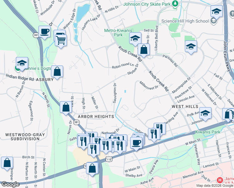map of restaurants, bars, coffee shops, grocery stores, and more near 1000 Sauvignon Drive in Johnson City