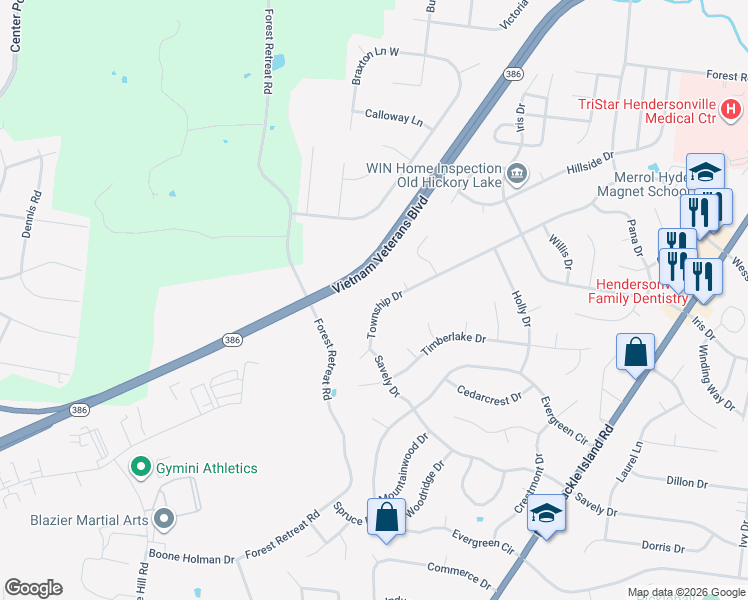 map of restaurants, bars, coffee shops, grocery stores, and more near 252 Township Drive in Hendersonville