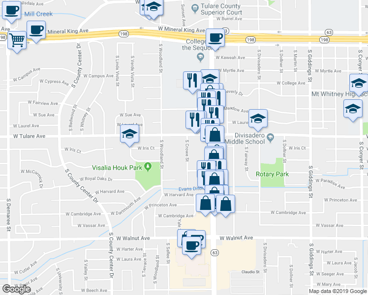 map of restaurants, bars, coffee shops, grocery stores, and more near 1239 South Crowe Street in Visalia