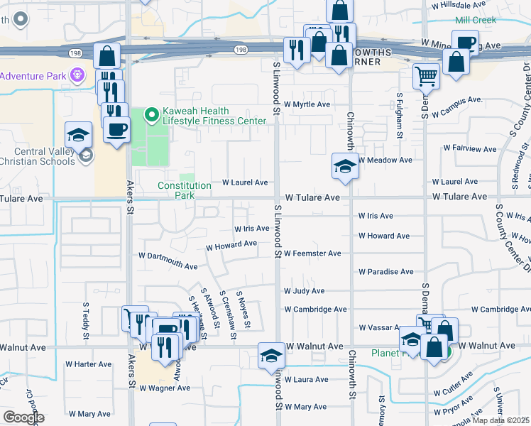 map of restaurants, bars, coffee shops, grocery stores, and more near 4525 West Tulare Avenue in Visalia