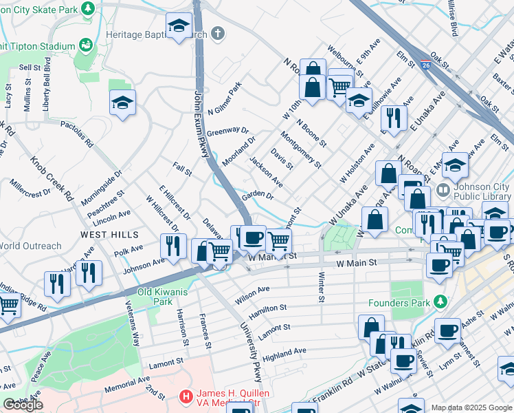 map of restaurants, bars, coffee shops, grocery stores, and more near in Johnson City