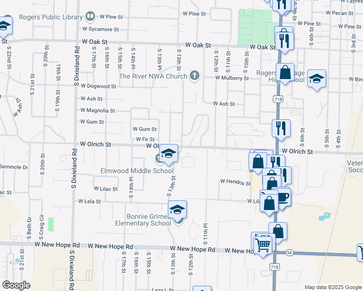 map of restaurants, bars, coffee shops, grocery stores, and more near 1211 West Olrich Street in Rogers