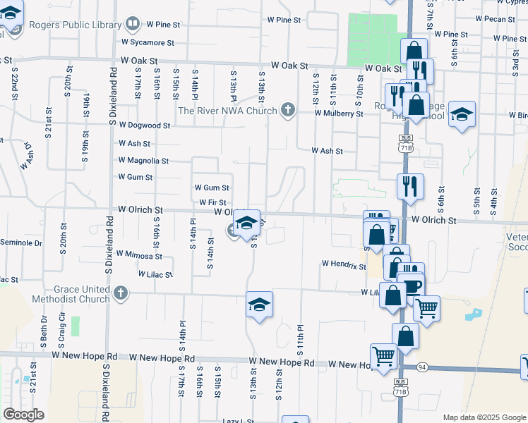 map of restaurants, bars, coffee shops, grocery stores, and more near 1211 West Olrich Street in Rogers