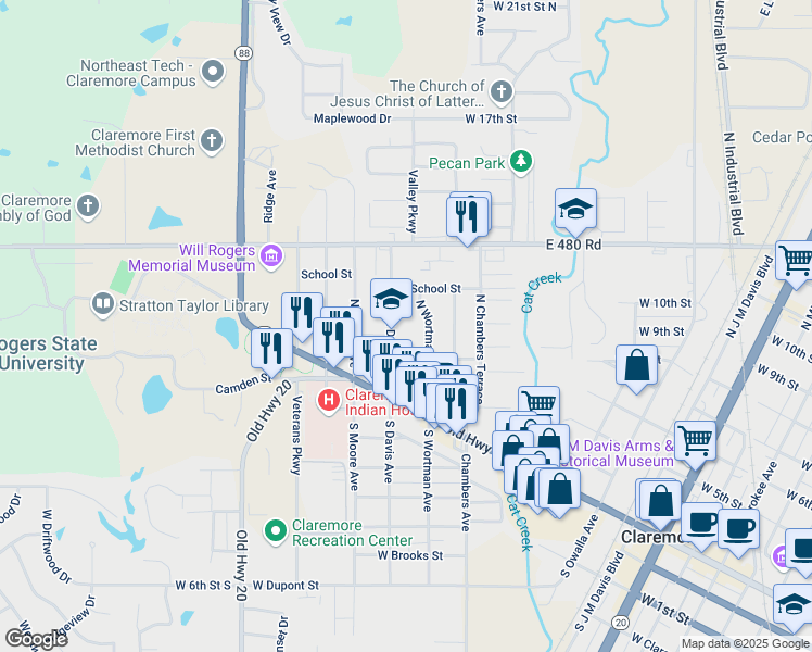 map of restaurants, bars, coffee shops, grocery stores, and more near 206 North Davis Avenue in Claremore