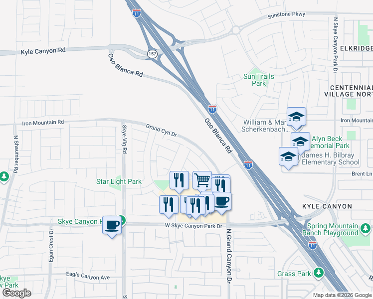 map of restaurants, bars, coffee shops, grocery stores, and more near 8907 Roadrunner Ravine Street in Las Vegas
