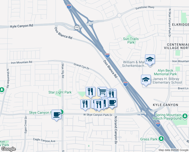 map of restaurants, bars, coffee shops, grocery stores, and more near 8907 Roadrunner Ravine Street in Las Vegas