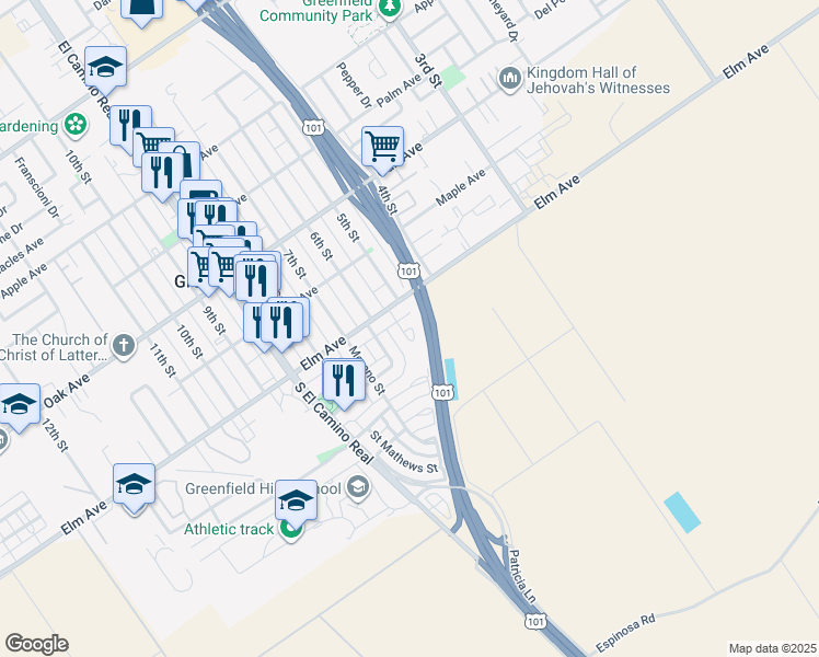 map of restaurants, bars, coffee shops, grocery stores, and more near 11 Walker Lane in Greenfield