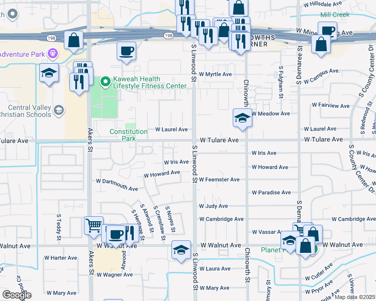 map of restaurants, bars, coffee shops, grocery stores, and more near 4525 West Tulare Avenue in Visalia
