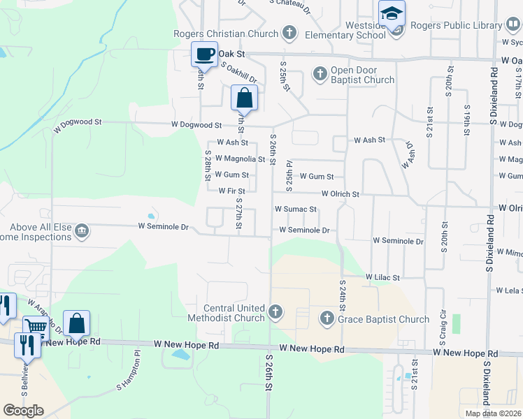 map of restaurants, bars, coffee shops, grocery stores, and more near 1601 South 26th Place in Rogers
