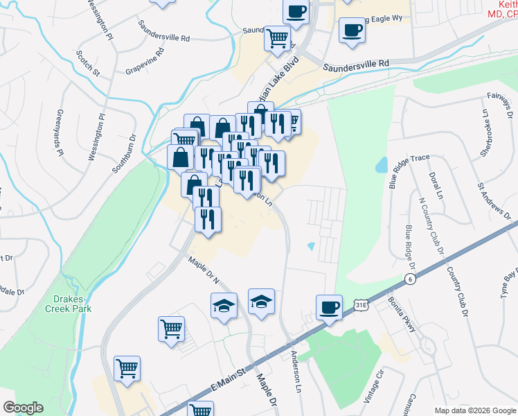 map of restaurants, bars, coffee shops, grocery stores, and more near 201 Anderson Lane North in Hendersonville