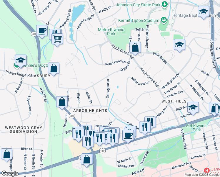 map of restaurants, bars, coffee shops, grocery stores, and more near 1000 Sauvignon Drive in Johnson City
