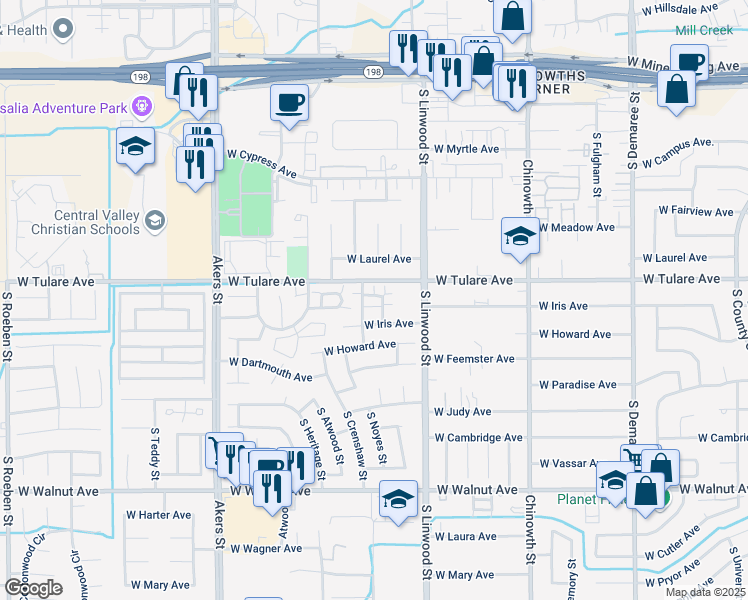 map of restaurants, bars, coffee shops, grocery stores, and more near 4629 Westgate Court in Visalia