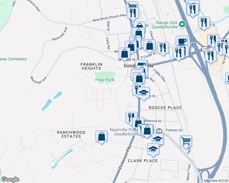 map of restaurants, bars, coffee shops, grocery stores, and more near 77 French Street in Goodlettsville