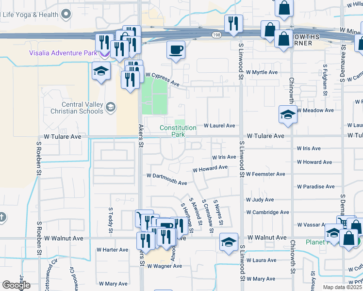 map of restaurants, bars, coffee shops, grocery stores, and more near 4935 Westgate Street in Visalia