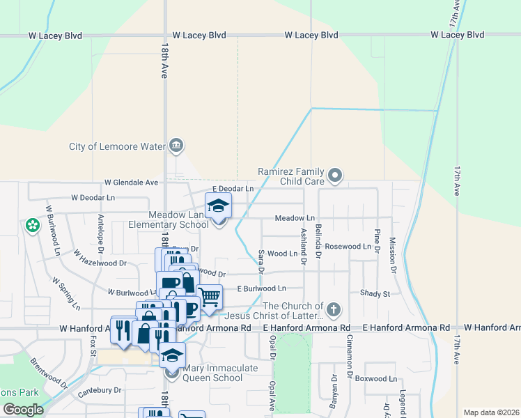 map of restaurants, bars, coffee shops, grocery stores, and more near 547 East Spruce Avenue in Lemoore