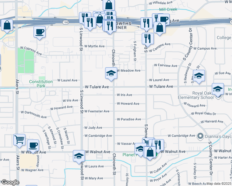 map of restaurants, bars, coffee shops, grocery stores, and more near 4024 West Iris Avenue in Visalia