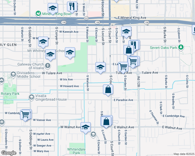 map of restaurants, bars, coffee shops, grocery stores, and more near 309 West Tulare Avenue in Visalia