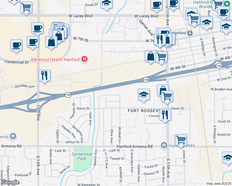 map of restaurants, bars, coffee shops, grocery stores, and more near 1182 Lombard St in Hanford