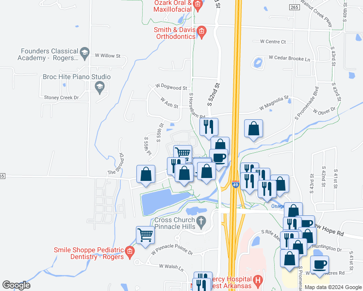 map of restaurants, bars, coffee shops, grocery stores, and more near 5100 Sandhurst in Rogers