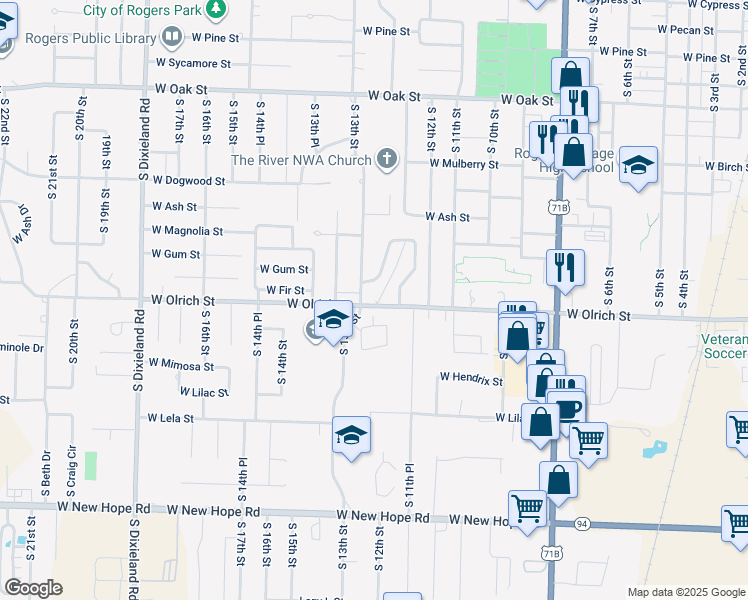 map of restaurants, bars, coffee shops, grocery stores, and more near 1211 West Olrich Street in Rogers