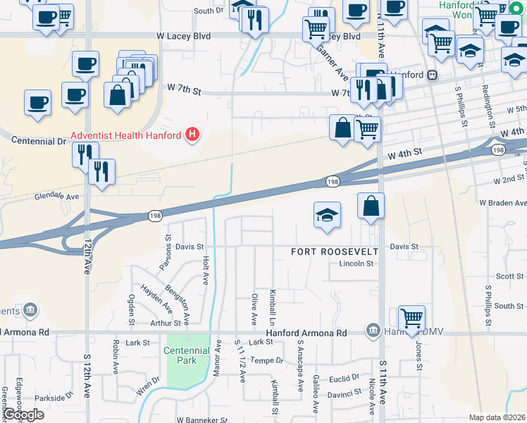map of restaurants, bars, coffee shops, grocery stores, and more near 1182 Lombard St in Hanford