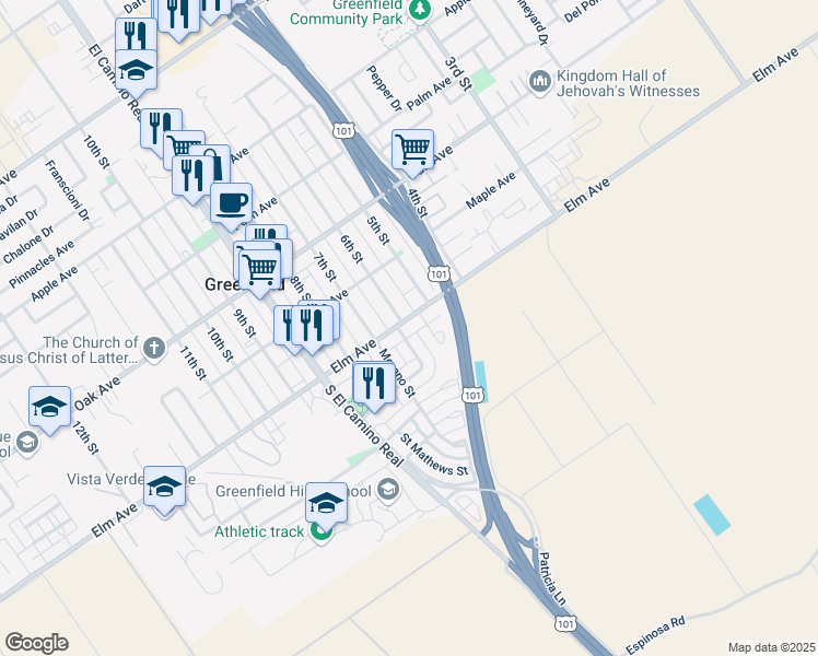 map of restaurants, bars, coffee shops, grocery stores, and more near 637 Elm Avenue in Greenfield