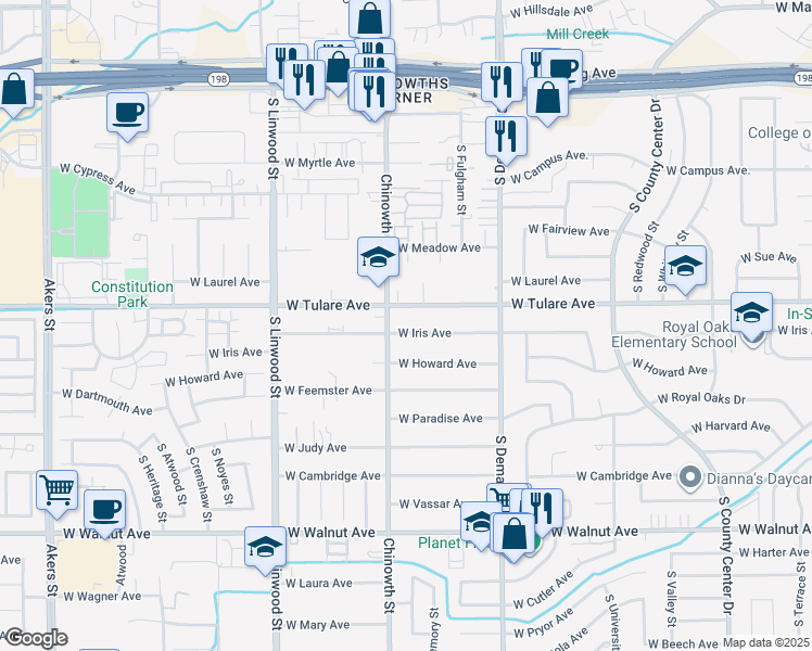 map of restaurants, bars, coffee shops, grocery stores, and more near 4024 W Iris Ave in Visalia