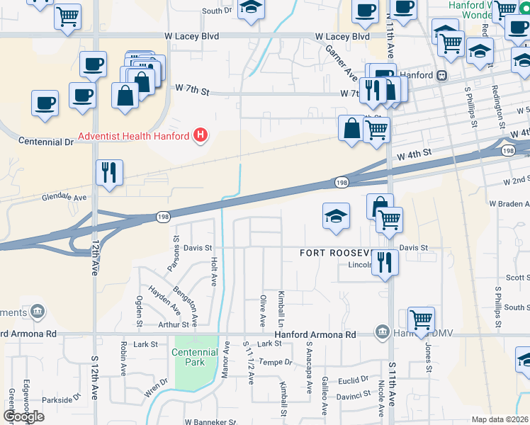 map of restaurants, bars, coffee shops, grocery stores, and more near 1182 Lombard Street in Hanford
