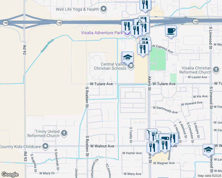 map of restaurants, bars, coffee shops, grocery stores, and more near 1229 South Peppertree Court in Visalia