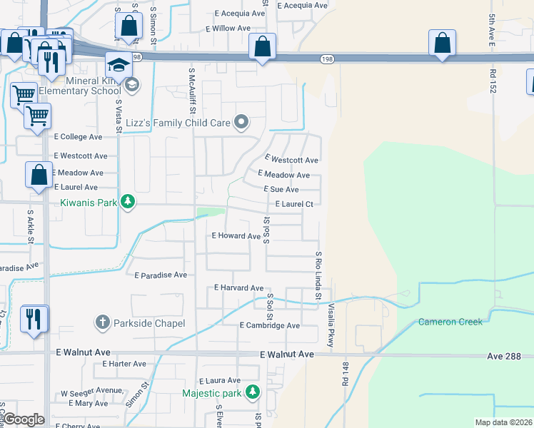 map of restaurants, bars, coffee shops, grocery stores, and more near Tulare Avenue in Visalia