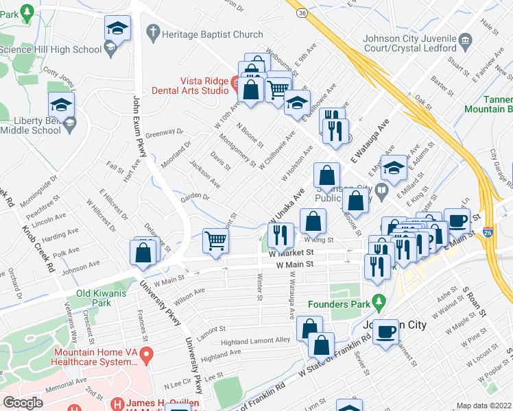 map of restaurants, bars, coffee shops, grocery stores, and more near 301 Jackson Avenue in Johnson City