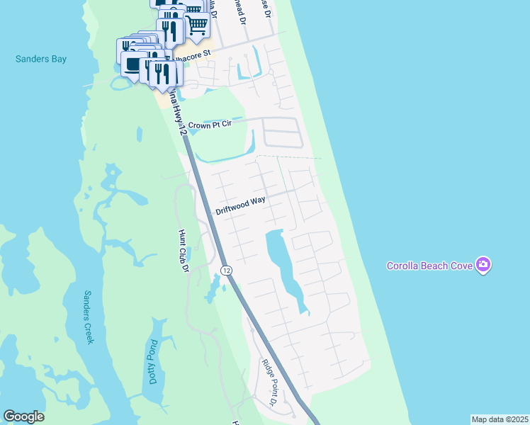 map of restaurants, bars, coffee shops, grocery stores, and more near 748 Sea Horse Court in Corolla