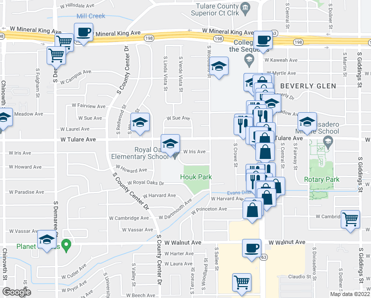 map of restaurants, bars, coffee shops, grocery stores, and more near 2644 West Iris Court in Visalia