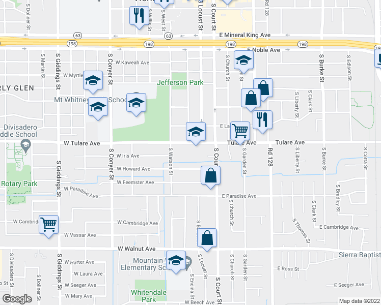 map of restaurants, bars, coffee shops, grocery stores, and more near 221 West Tulare Avenue in Visalia