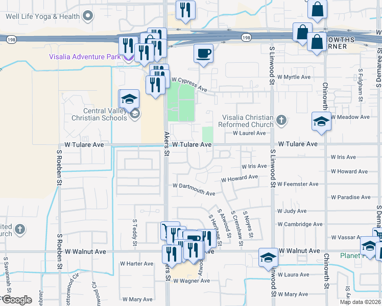 map of restaurants, bars, coffee shops, grocery stores, and more near 1226 South Parkwood Street in Visalia
