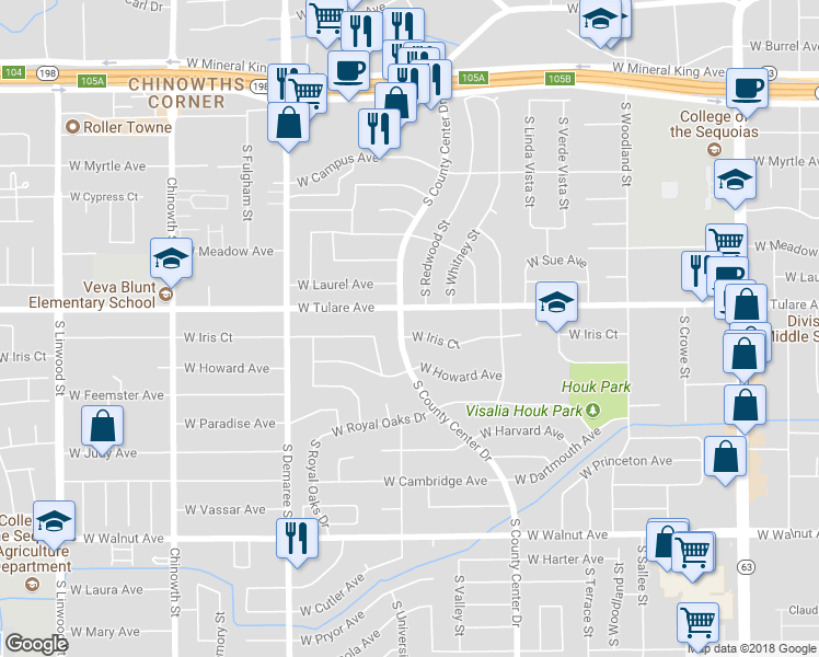 map of restaurants, bars, coffee shops, grocery stores, and more near 3234 West Iris Avenue in Visalia