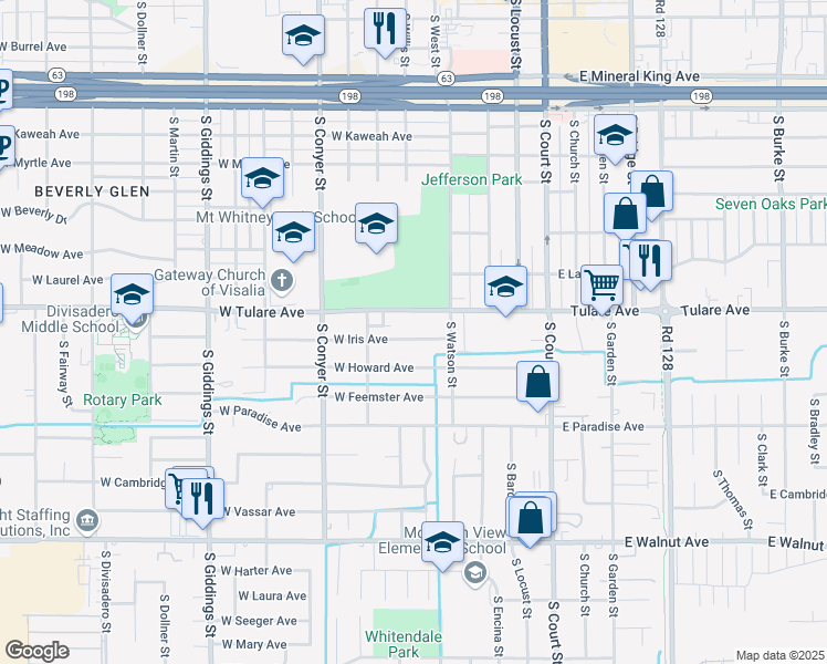 map of restaurants, bars, coffee shops, grocery stores, and more near 544 West Iris Avenue in Visalia