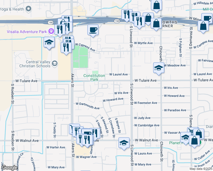 map of restaurants, bars, coffee shops, grocery stores, and more near 1047 South Kent Street in Visalia