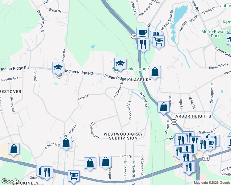 map of restaurants, bars, coffee shops, grocery stores, and more near 1307 North Barton Street in Johnson City