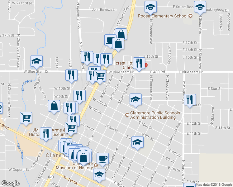 map of restaurants, bars, coffee shops, grocery stores, and more near 916 North Cherokee Avenue in Claremore