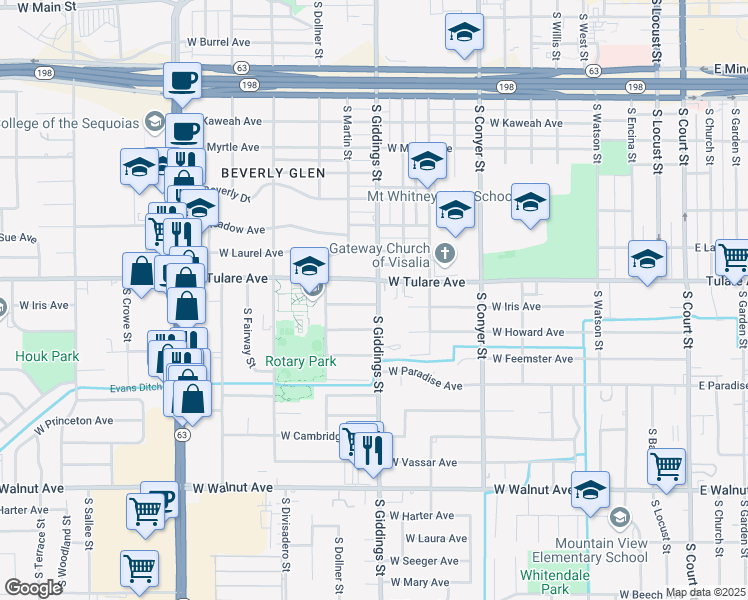 map of restaurants, bars, coffee shops, grocery stores, and more near 1301 South Giddings Street in Visalia