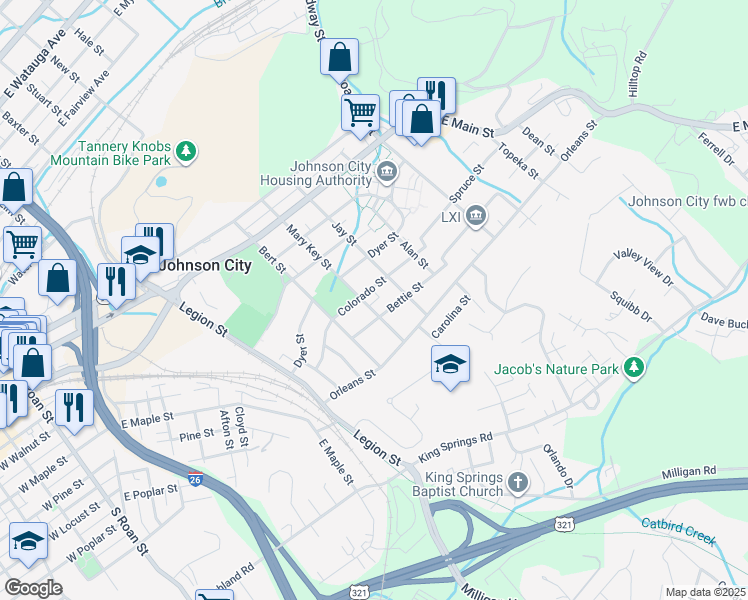 map of restaurants, bars, coffee shops, grocery stores, and more near 300 Colorado Street in Johnson City