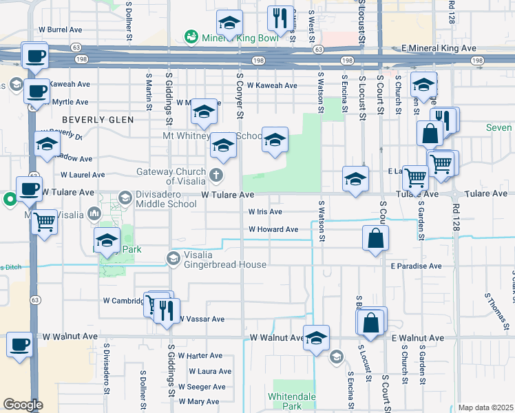 map of restaurants, bars, coffee shops, grocery stores, and more near 728 West Iris Avenue in Visalia