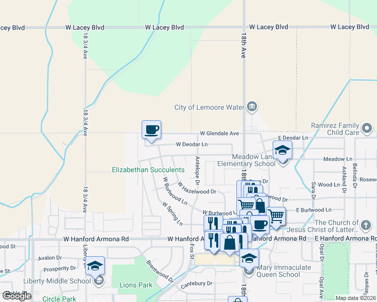 map of restaurants, bars, coffee shops, grocery stores, and more near 264 West Spruce Avenue in Lemoore